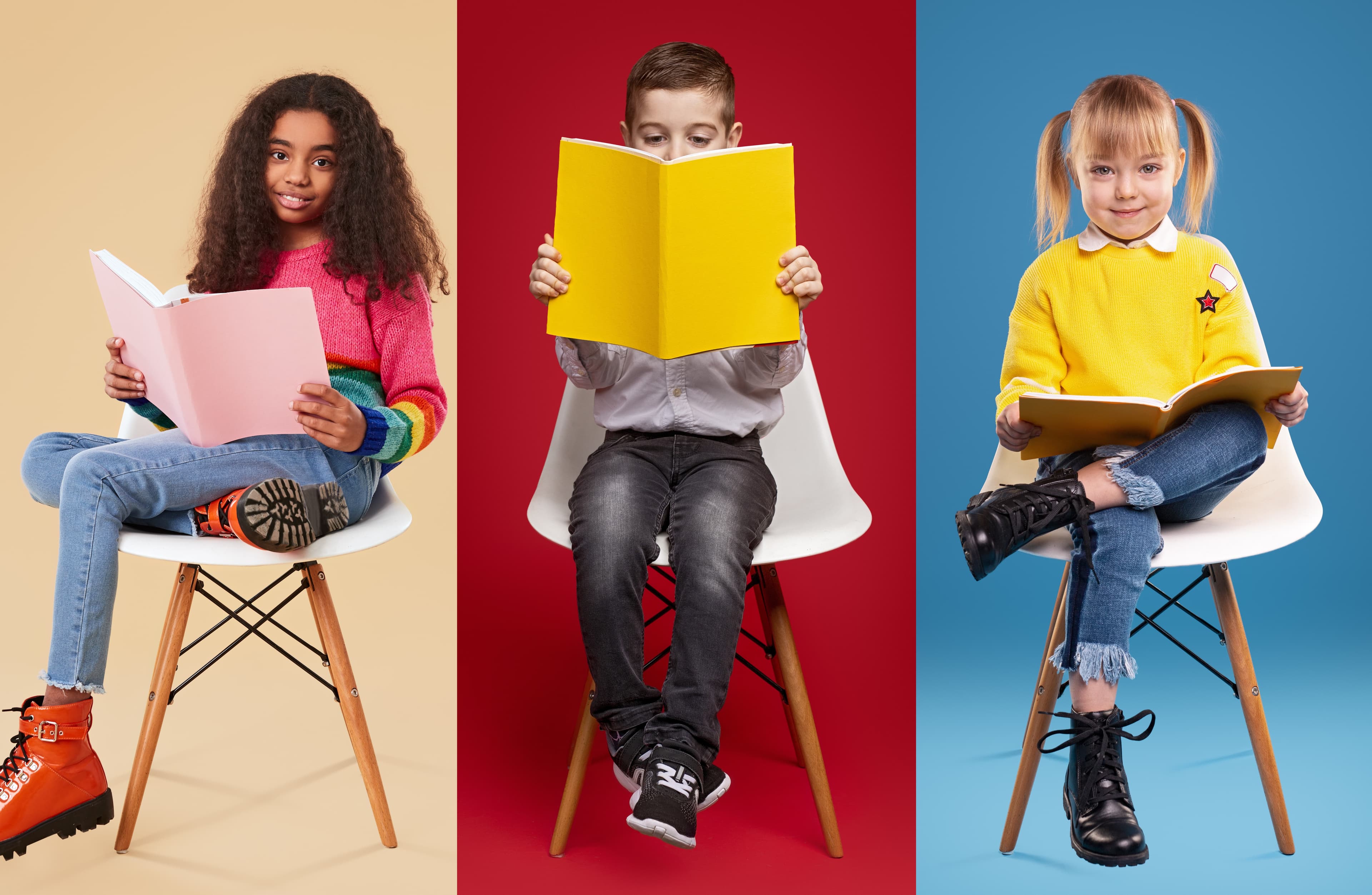 Children sitting and reading in chairs against different backgrounds