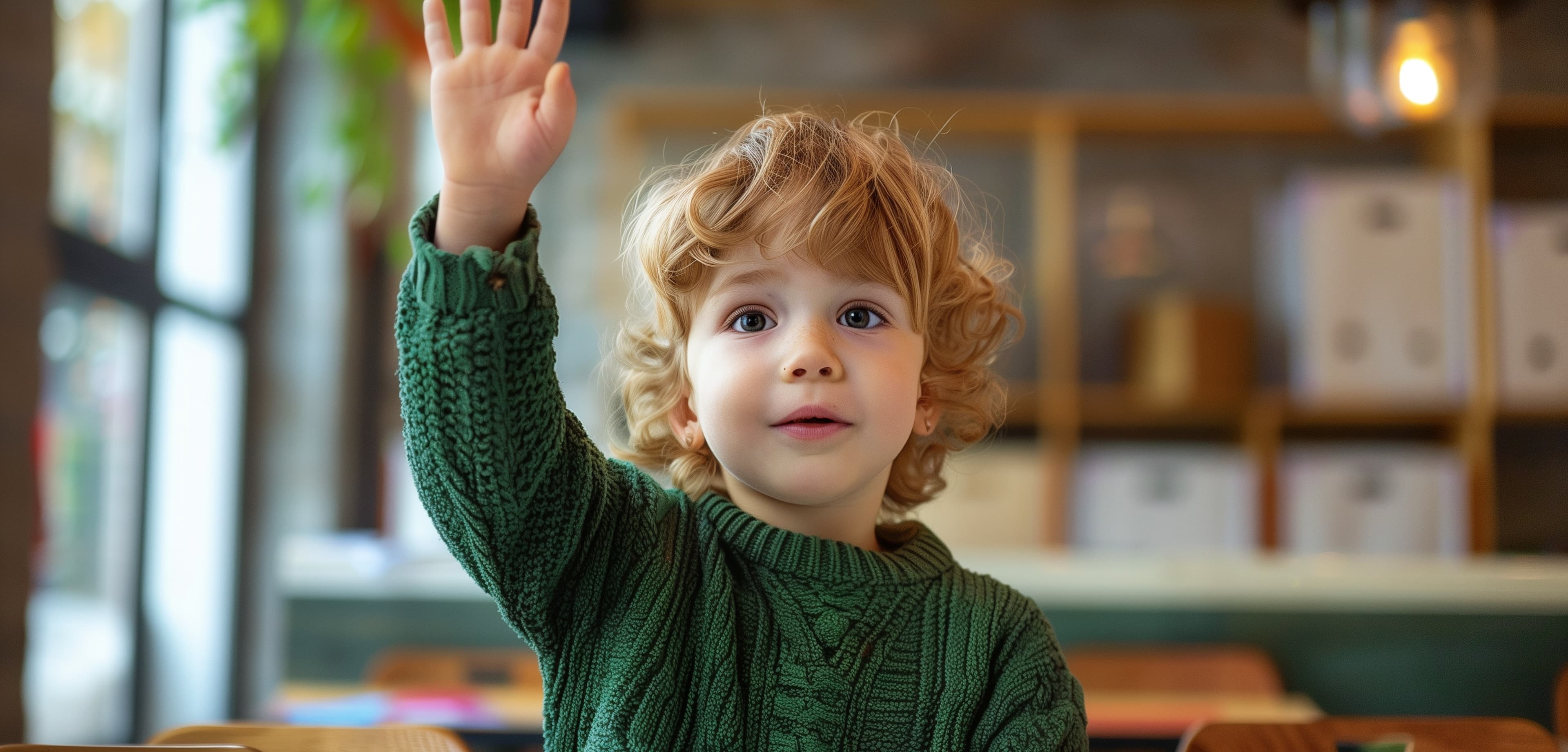 A child wearing a green sweater raising their hand