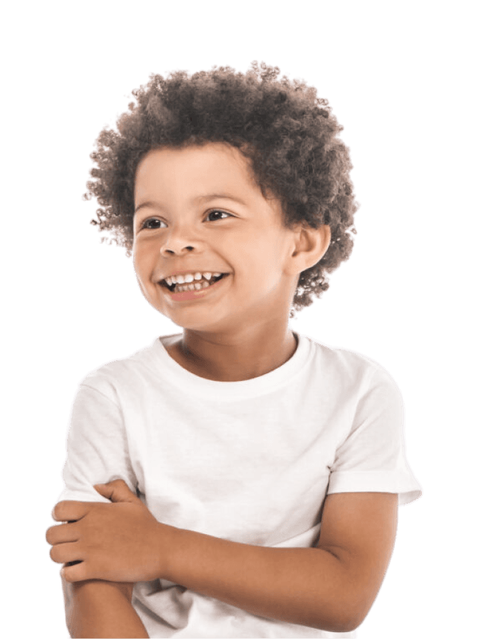 A smiling child looking up and to their right.