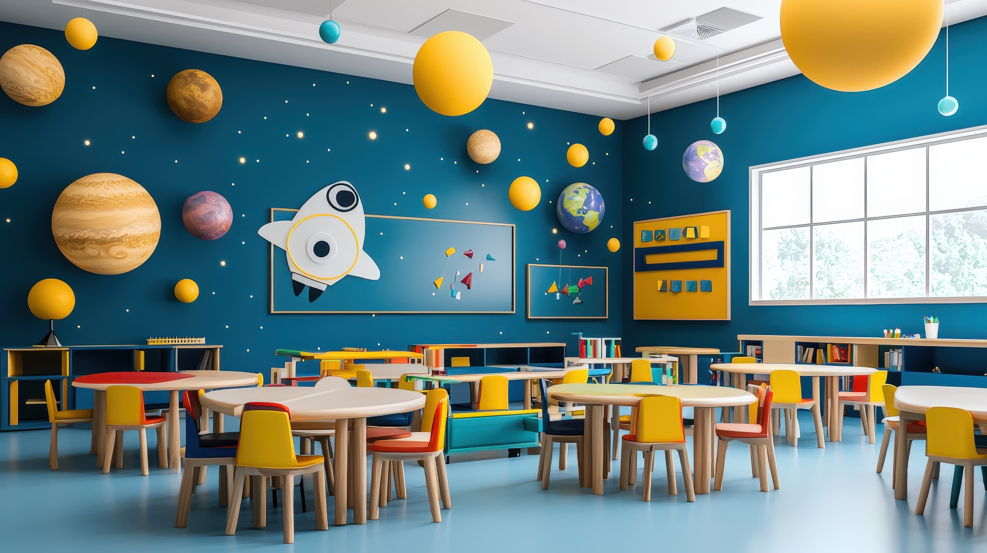 A classroom filled with planets, stars, and a spaceship on the far wall