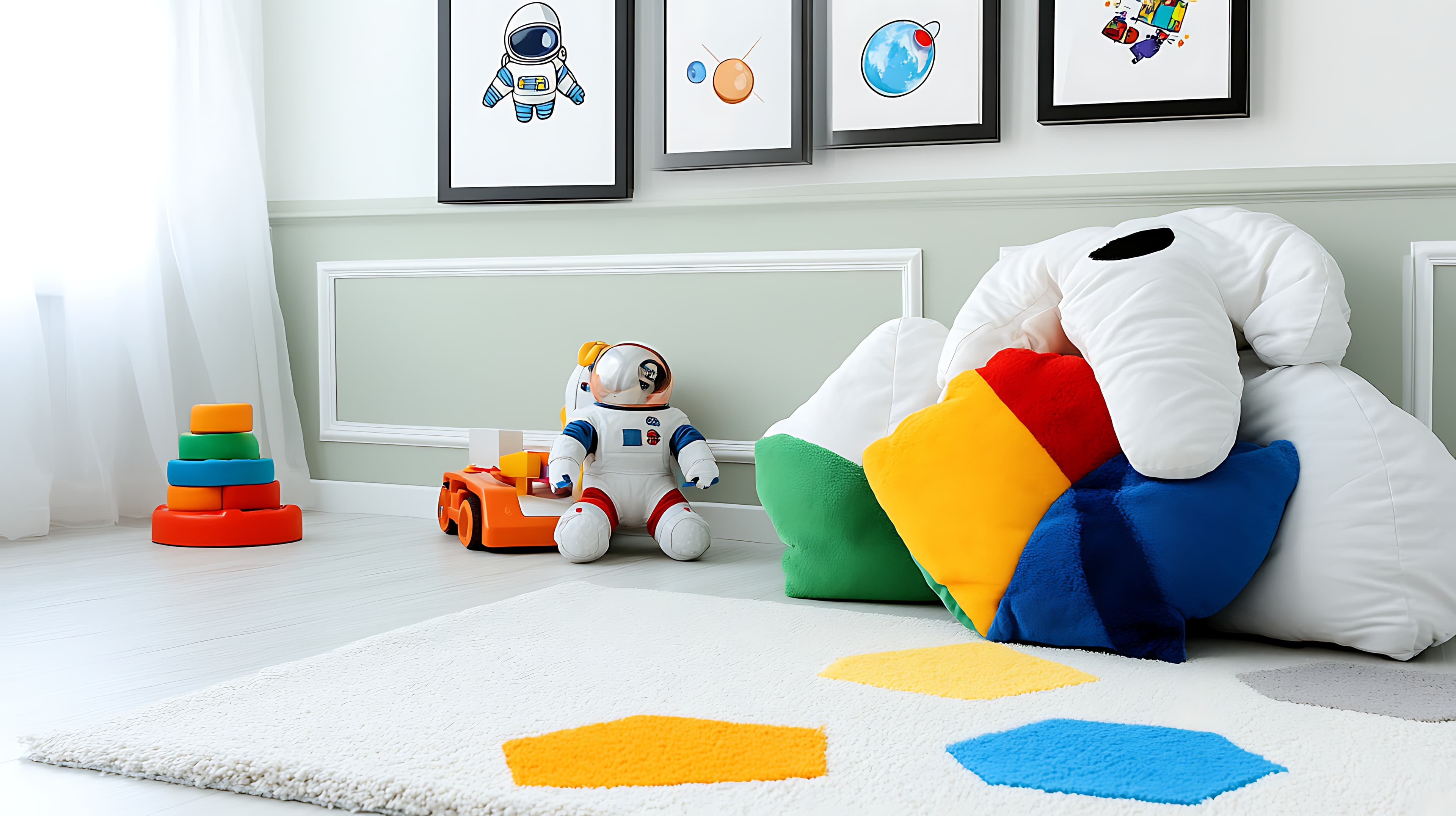 A astronaut themed play area with toys and pillows in the background