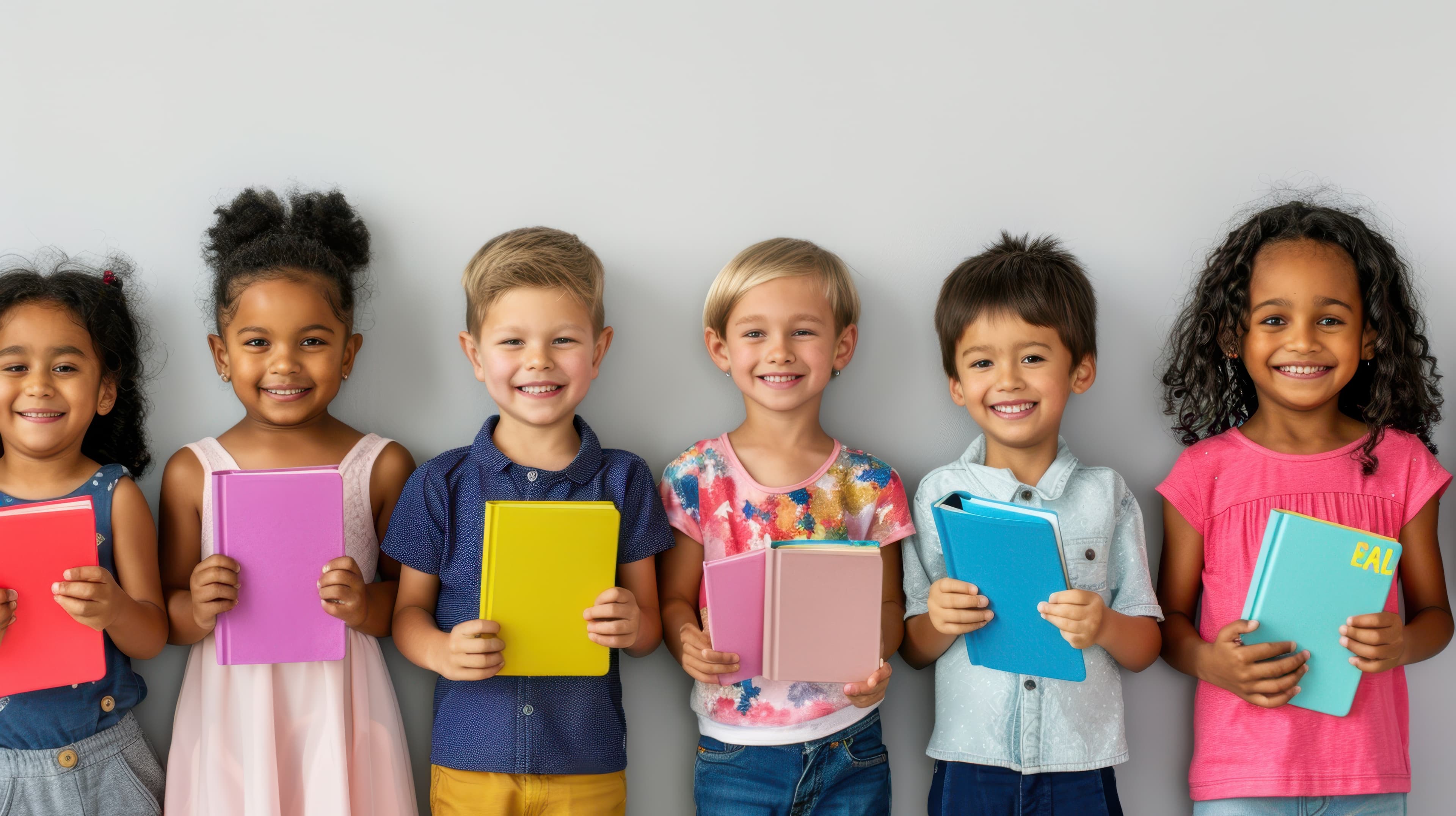 Smiling children in a line holding up their notebooks