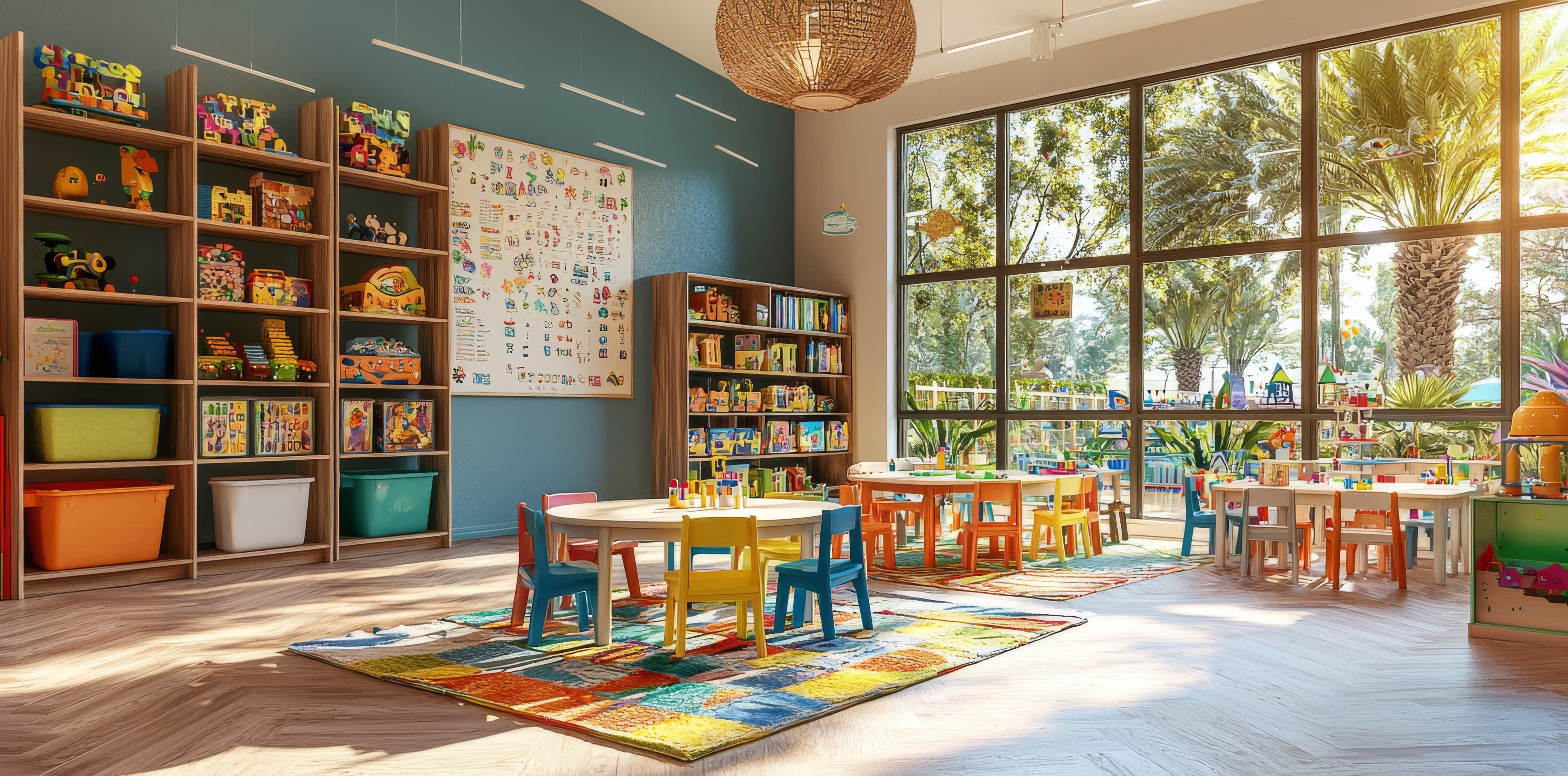 A bright classroom with colorful chairs and tables