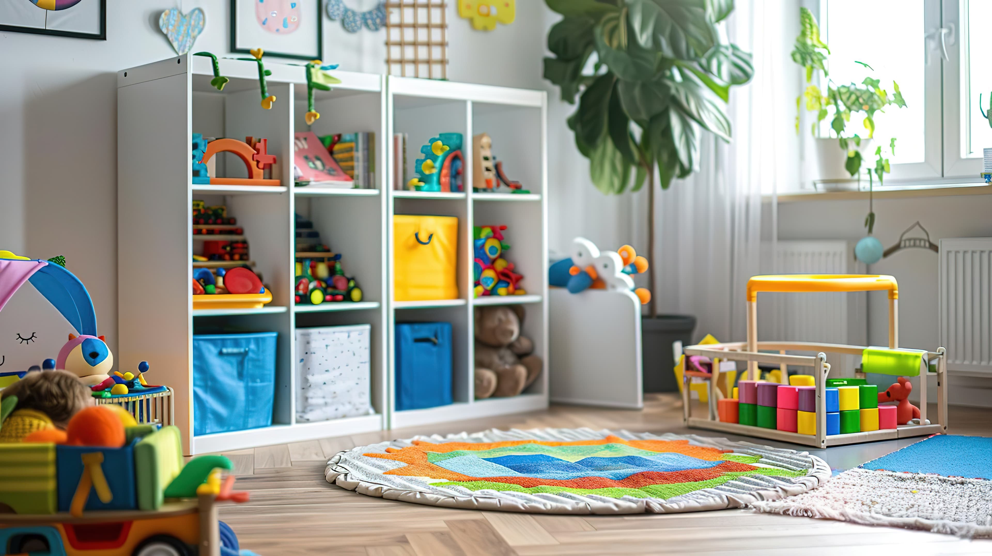 A play area with toys and stuffed animals neatly organized on shelves in the background