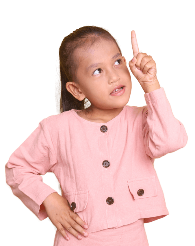 A child with one hand on their hip and one finger pointing straight up