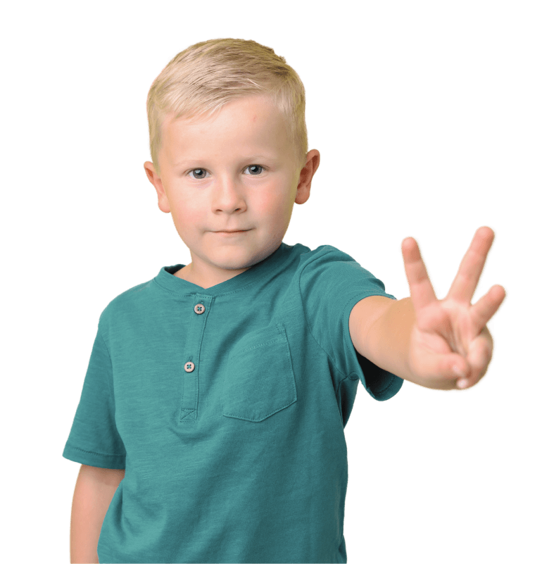 A child with an outstretched hand and three fingers up