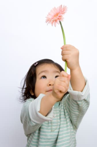 Toddler holding a pink flower above her head, looking at the flower.